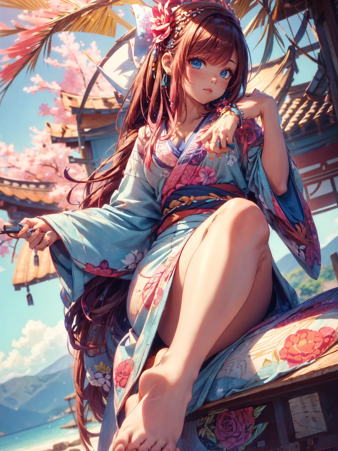 hermosa chica japonesa, rosa &  brown hair high definition _Detail:1,  tribal tattoo add_Detail:1, In the sky add _Detail, barefoot,   light blue saturation  , (sensual kimono , )),  Japanese sanctuary landscape , pink hair, most beautifull and detailes eyes,ppupil detail ,  blue eyes detail add _detail:1 