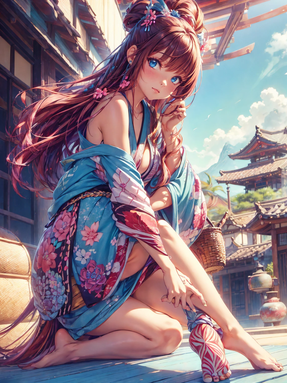 hermosa chica japonesa, rosa &  brown hair high definition _Detail:1,  tribal tattoo add_Detail:1, In the sky add _Detail, barefoot,   light blue saturation  , (sensual kimono , )),  Japanese sanctuary landscape , pink hair, most beautifull and detailes eyes,ppupil detail ,  blue eyes detail add _detail:1 