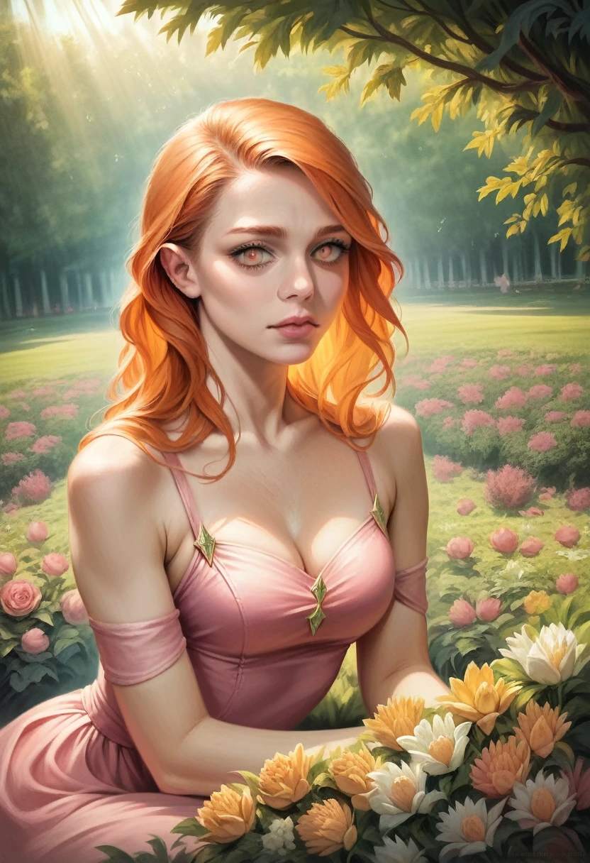 a beautiful young woman,Brittany Murphy,  1girl, long ginger hair, gorgeous detailed eyes, delicate facial features, lush lips, elegant expression, soft skin, pale skin , slim figure, graceful pose, dreamy look, pink dress, sitting in a garden, surrounded by flowers, sunlight filtering through the trees, serene atmosphere, (best quality,4k,8k,highres,masterpiece:1.2),ultra-detailed,(realistic,photorealistic,photo-realistic:1.37),digital painting,cinematic lighting,vibrant colors,intricate details