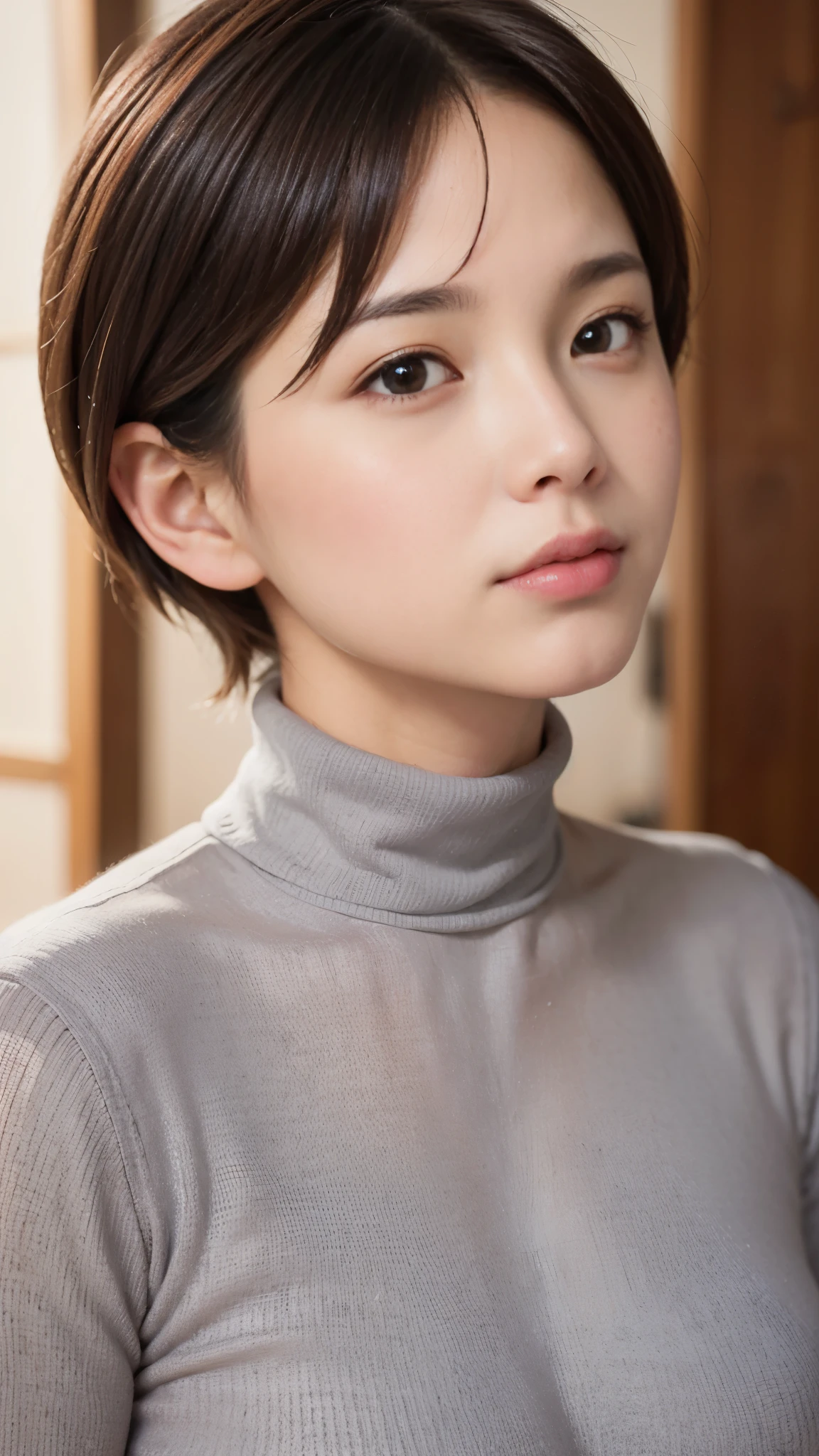 Best Quality,masterpiece, ultra high resolution,high definition raw color photo, professional photos , natural skin texture, fine skin, hyperrealism, Japanese Women,( Shortcut Hair, face up ,grey turtleneck)