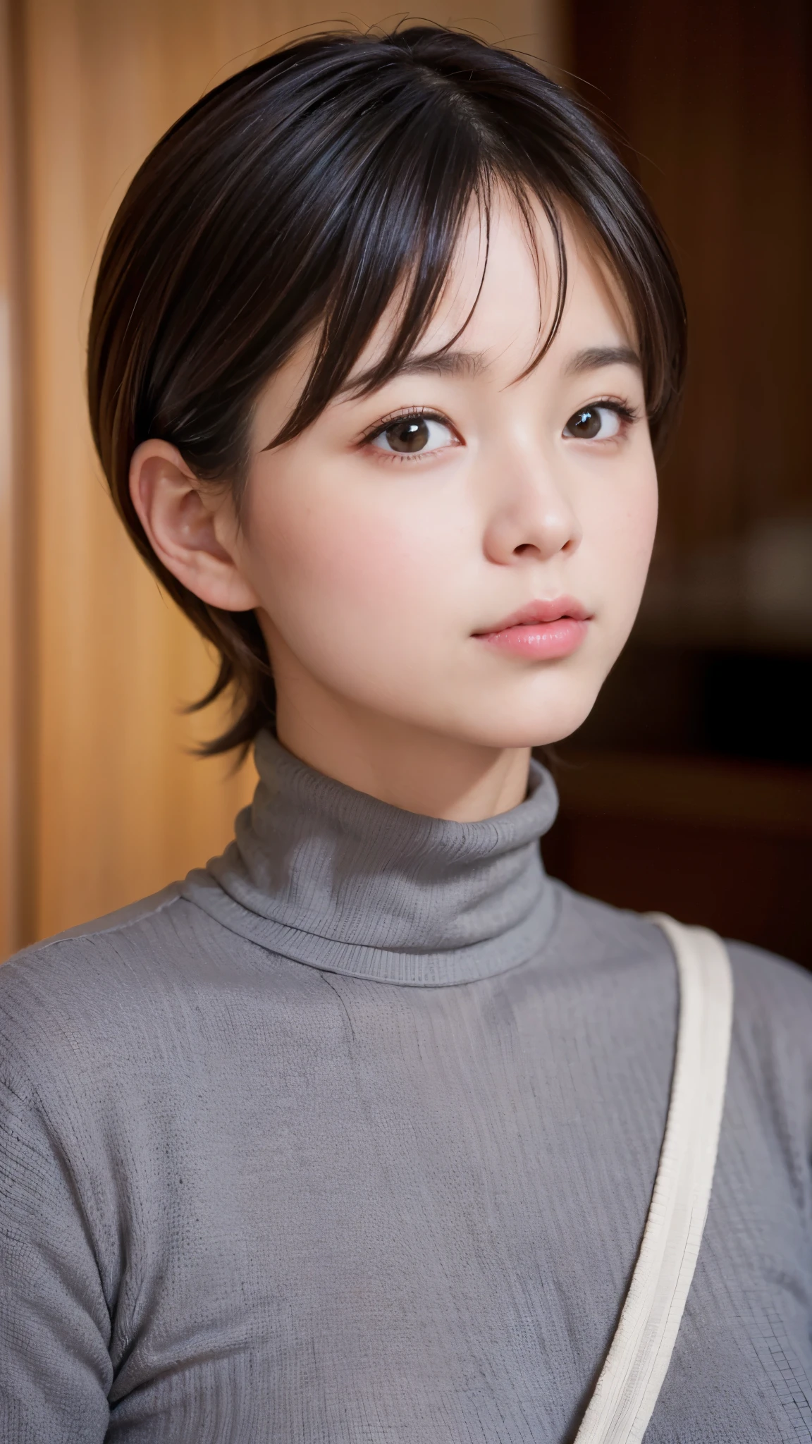 Best Quality,masterpiece, ultra high resolution,high definition raw color photo, professional photos , natural skin texture, fine skin, hyperrealism, Japanese Women,( Shortcut Hair, face up ,grey turtleneck)