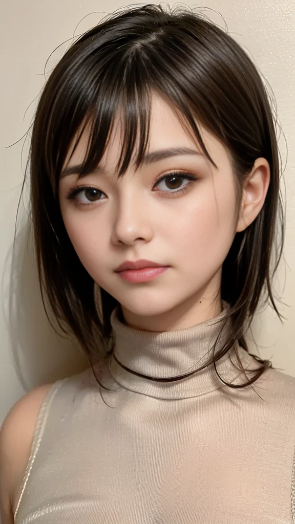 Best Quality,masterpiece, ultra high resolution,high definition raw color photo, professional photos , natural skin texture, fine skin, hyperrealism, Japanese Women,( Shortcut Hair, face up ,grey turtleneck)