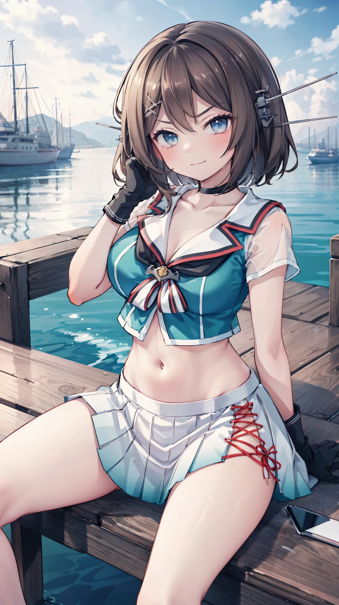 best quality, integrated scenery, integrated background, extremely delicate and beautiful, meticulous details, good composition, , cute face, perfect face, perfect hands,an anime style  ,1young_teen_ girl, brown_hair, medium_bob_hair, blue_midriff_baring_sailor_uniform, mini_skirt, short_sleeve, thighs, large_breasts, (angry_eyebrows:0.8),nihil,smile,sitting,open_legs,large_eyes, harbor_background, slightly_spread_legs, happiness, short_gloves,headgear,(abs:0.7)