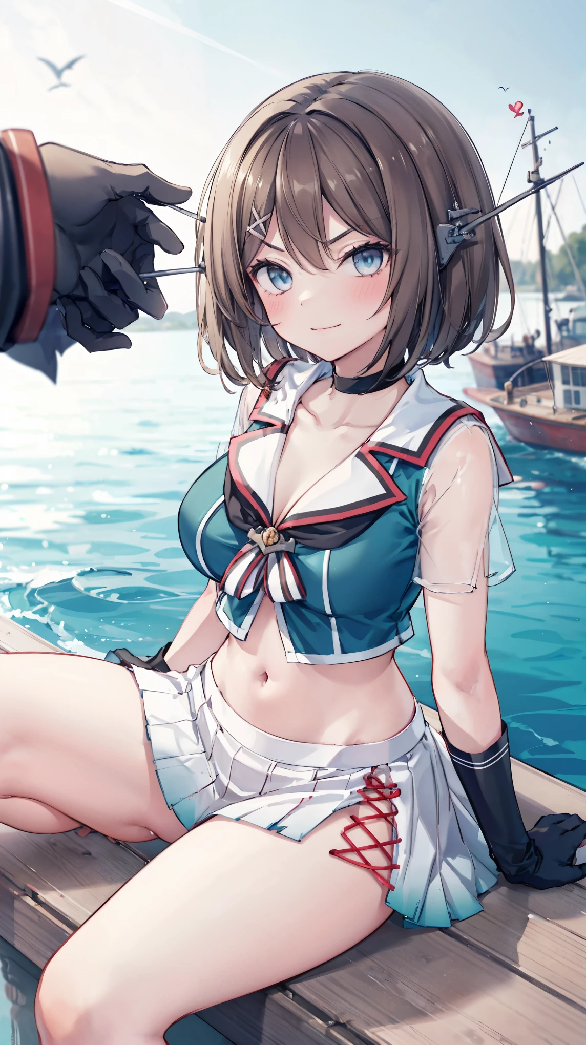 best quality, integrated scenery, integrated background, extremely delicate and beautiful, meticulous details, good composition, , cute face, perfect face, perfect hands,an anime style  ,1young_teen_ girl, brown_hair, medium_bob_hair, blue_midriff_baring_sailor_uniform, mini_skirt, short_sleeve, thighs, large_breasts, (angry_eyebrows:0.8),nihil,smile,sitting,open_legs,large_eyes, harbor_background, slightly_spread_legs, happiness, short_gloves,headgear,(abs:0.7)