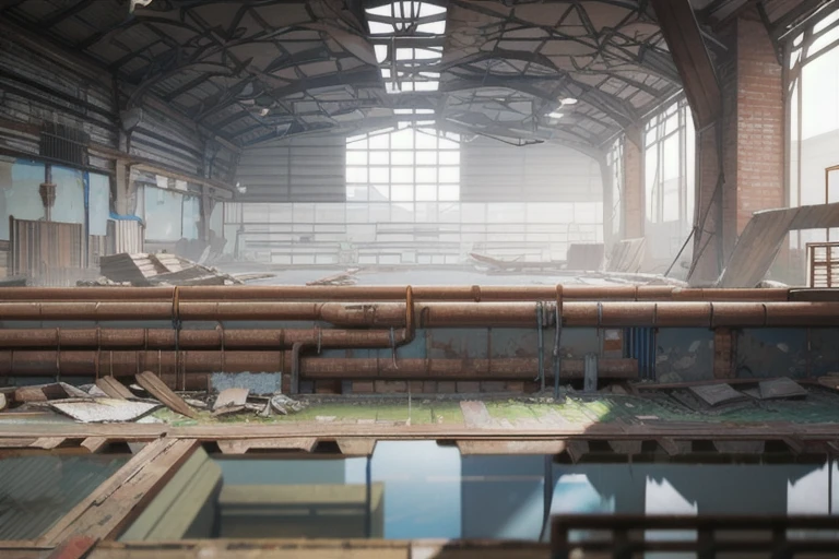 horizontal scenes, horizontal line composition, scenery, splash screen, masterpiece, best quality, official art, album art, very elaborate CG Unity 8K wallpaper, super high resolution, dynamic angle, floating particles, reflection, scenery,(abandoned factory), (indoor), (abandoned), Metal Wire, rusty metal, rusty pipes,no human