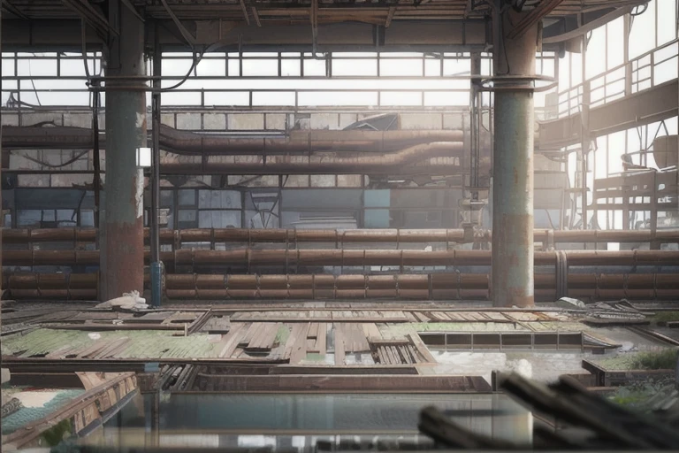 horizontal scenes, horizontal line composition, scenery, splash screen, masterpiece, best quality, official art, album art, very elaborate CG Unity 8K wallpaper, super high resolution, dynamic angle, floating particles, reflection, scenery,(abandoned factory), (indoor), (abandoned), Metal Wire, rusty metal, rusty pipes,no human