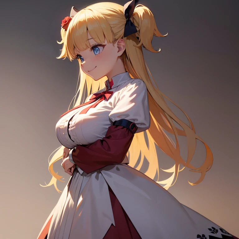 1girl, blonde_hair, solo, breasts, dress, flower, hair_flower, hair_ornament, red_dress, blue_eyes, long_hair, huge_breasts, two_side_up, smile, white_background, bangs, rose, red_flower, long_sleeves, simple_background, blunt_bangs, bow, ribbon, alternate_breast_size, guns, shadows house, room