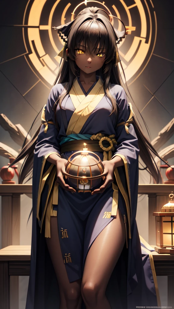 bluearchiveKarin, Karin, Ahoge,  Black Hair , Dark Skin Tone,  dark-skinned woman, halo, Long Hair, (Yellow Eyes:1.5),
((Shrine maiden))break looking at viewer, 
break indoors, classroom,
break (masterpiece:1.2), Best Quality,  high resolution on down,  Unity 8K Wallpaper , (Illustration:0.8), ( beautiful detailed eyes :1.6),   very detailed face , perfect lighting,  very detailed CG, (Perfect hands,  COMPLETE ANATOMY),