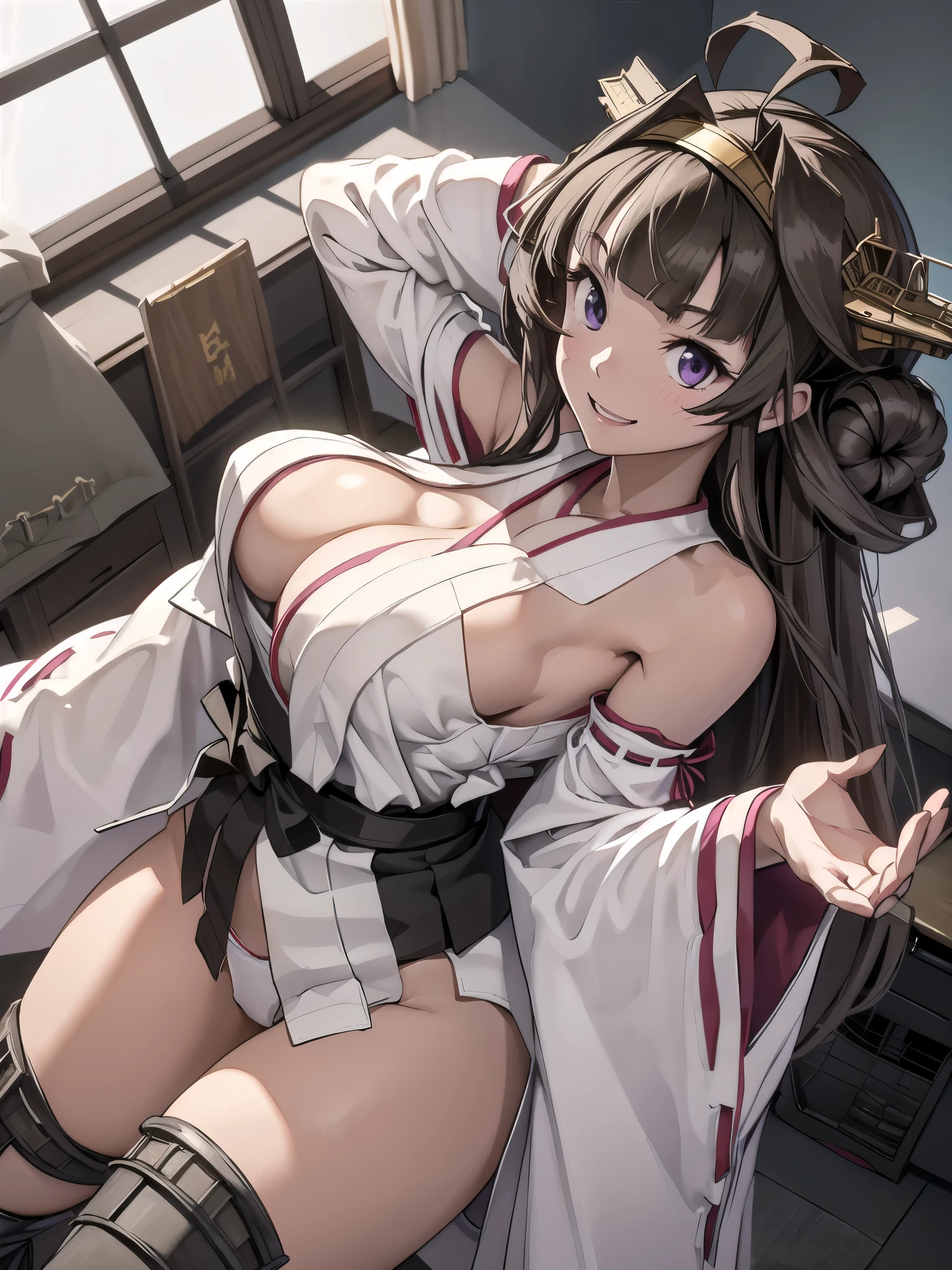  show me her armpits,Warship King Kong, black, Ahoge, Brown Hair, Double good, Hair Bun, Hair Bunド,  headgear , Long Hair, ( purple eyes:1.1), Breaking Boots,  detachable sleeves, kimono,  non-traditional shrine maiden, Ribbon trim,  Ribbed Sleeves,  thigh high boots,  wide sleeve , Watch Viewers , smile, , whole body,Standing Break Living,  office room, Break the lower body (masterpiece:1.2), Best Quality,  high resolution on down,  unity 8K wallpaper , (shape:0.8), (beautiful details:1.6),  high-definition face ,  full light, High-definition CG, (Perfect hands,  perfect anatomy),( panties) (( fancy underwear))  classmates were observing her in ,  skirt flip,