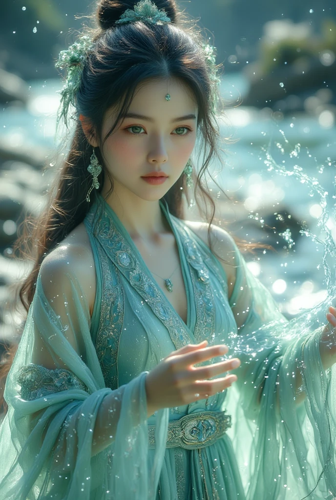 1 girl (extremely beautiful face), hanfu,realistic,
(Masterpiece, high quality, best, official art, beautiful and beautiful, long-term contact:1.2),smooth movement,charming patterns,
1 girl,jade eyes,long black hair,
Portrait,alone,upper body,watching audience,detailed background,detailed facial information,(crystalline aluminum, crystal theme:1.1),elemental water wizard,swirling water,controlling the water,fantasy sexy transparent wizard clothing,dynamic posture,floating particles,ethereal dynamics,water,steam,background for the ocean,blue tones,coast,sacred atmosphere,