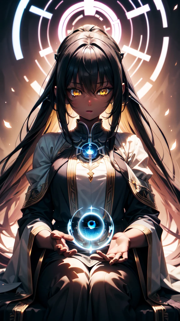 bluearchiveKarin, Karin, Ahoge,  Black Hair , Dark Skin Tone,  dark-skinned woman, halo, Long Hair, (Yellow Eyes:1.5),
((RED AND WHITE WITCH COSTUME))break looking at viewer, 
break indoors, classroom,
break (masterpiece:1.2), Best Quality,  high resolution on down,  Unity 8K Wallpaper , (Illustration:0.8), ( beautiful detailed eyes :1.6),   very detailed face , perfect lighting,  very detailed CG, (Perfect hands,  COMPLETE ANATOMY),