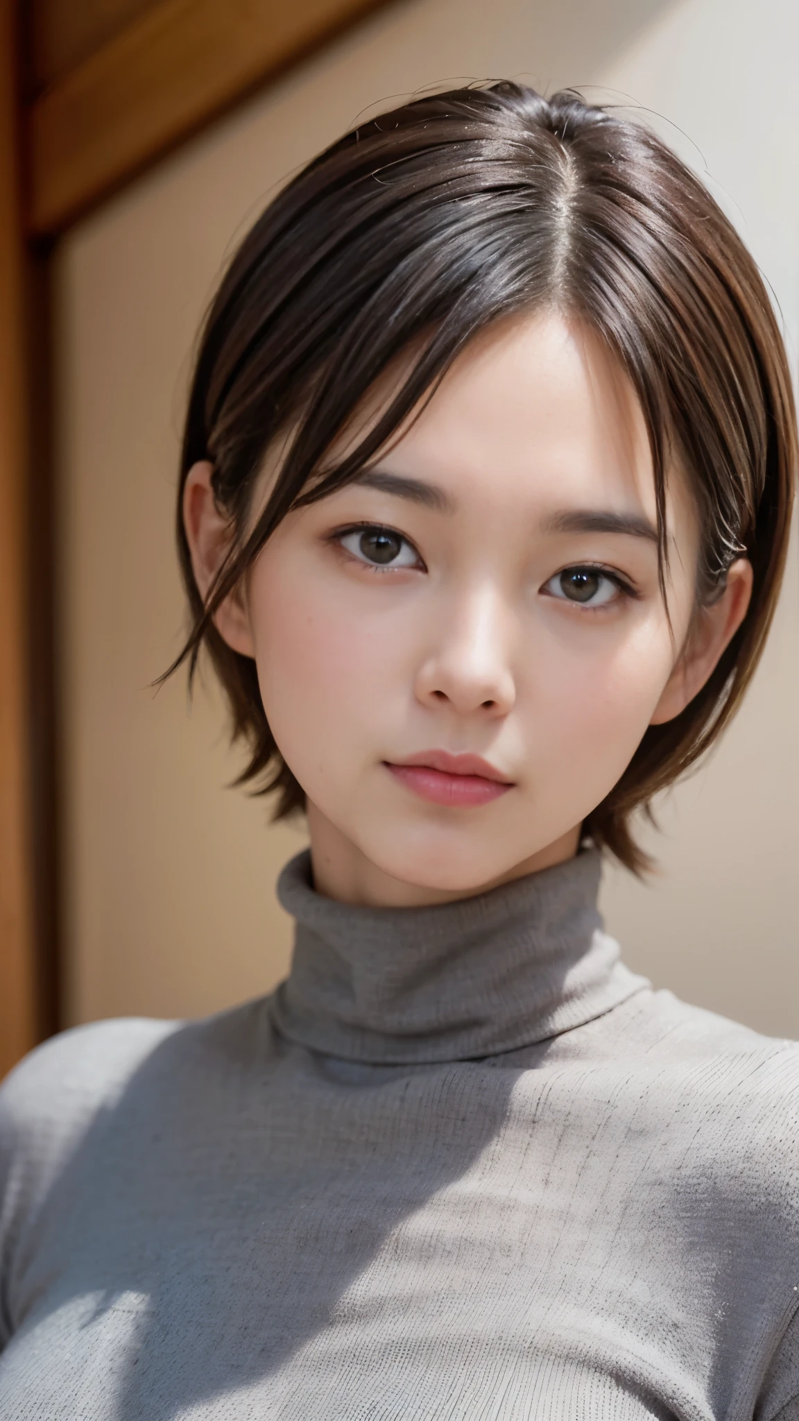 Best Quality,masterpiece, ultra high resolution,high definition raw color photo, professional photos , natural skin texture, fine skin, hyperrealism, Japanese Women,( Shortcut Hair,grey turtleneck)