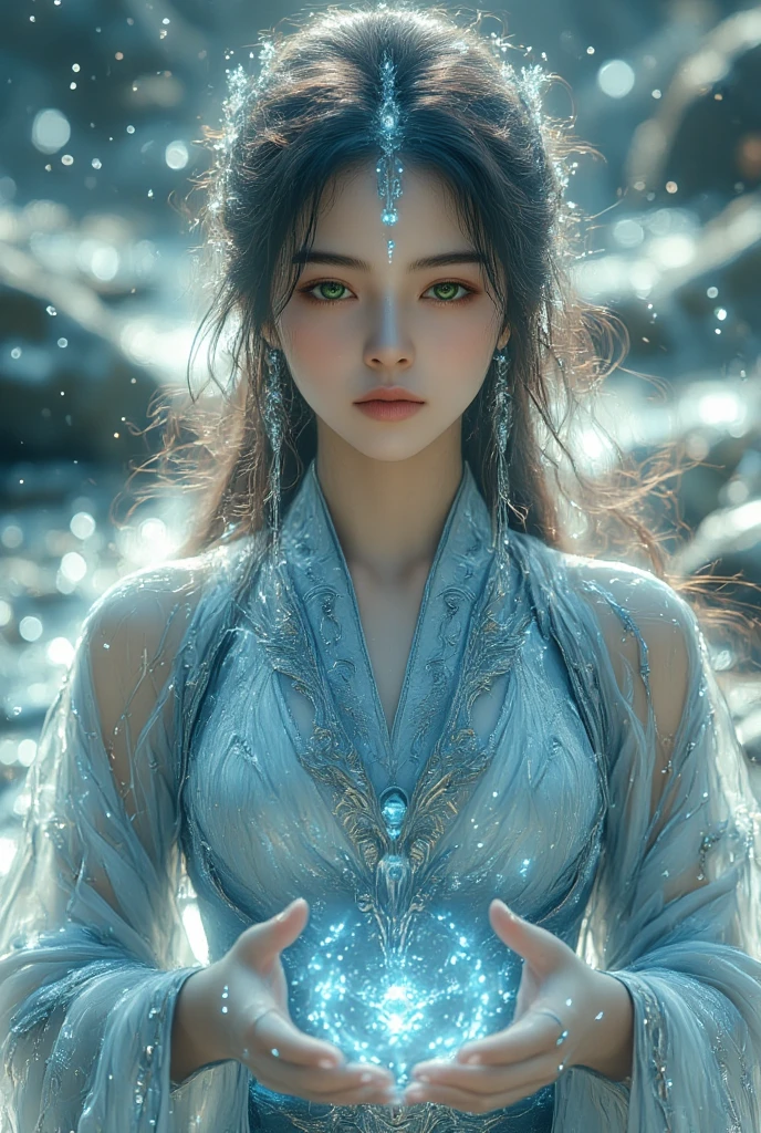 1 girl (extremely beautiful face), hanfu,realistic,
(Masterpiece, high quality, best, official art, beautiful and beautiful, long-term contact:1.2),smooth movement,charming patterns,
1 girl,jade eyes,long black hair,
Portrait,alone,upper body,watching audience,detailed background,detailed facial information,(crystalline aluminum, crystal theme:1.1),elemental water wizard,swirling water,controlling the water,fantasy sexy transparent wizard clothing,dynamic posture,floating particles,ethereal dynamics,water,steam,background for the ocean,blue tones,coast,sacred atmosphere,