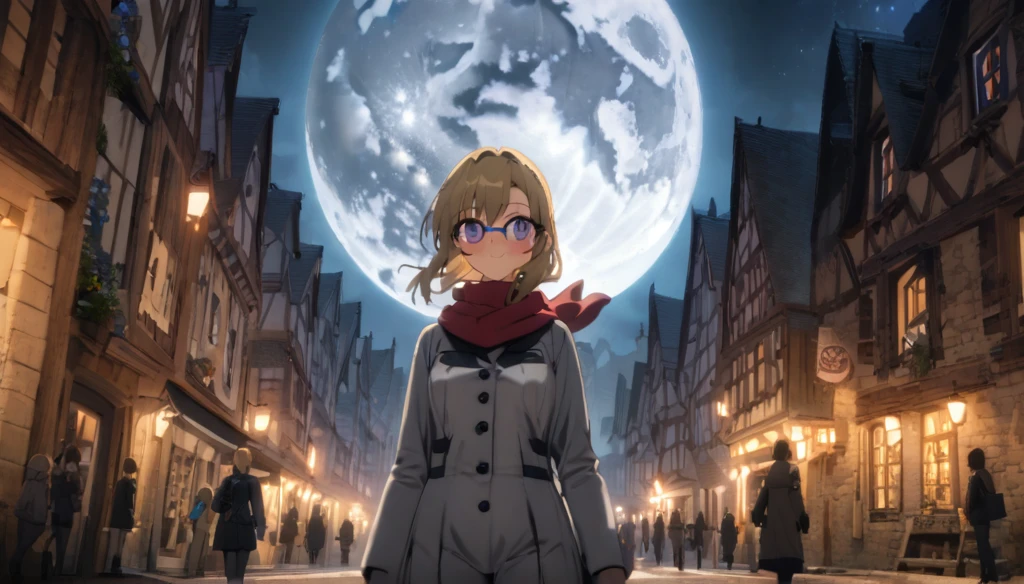 Anime aesthetic, 1girl, anime character, schoolgirl walking through night, dark night, european medieval town, huge blue moon, blue light, marin kitogava, potrait,  my dressup darling, blonde, glasses, light school suit, scarf, smile, deep purple beautiful eyes, wide shot, anatomically correct, masterpiece, 2k, extremely detailed