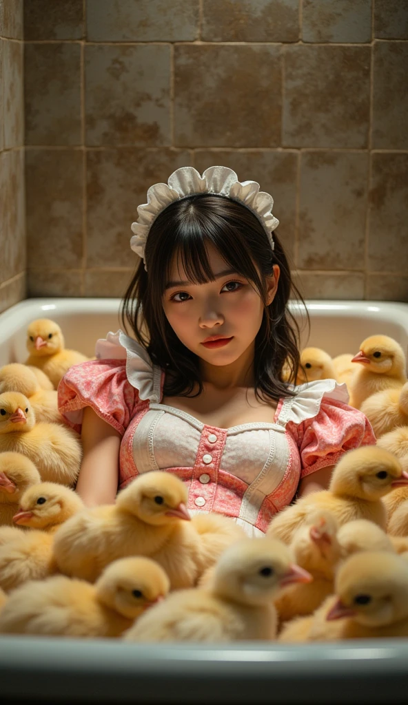 ultra-realistic, photorealistic, dramatic scene, shadow, global-illumination, solo, (teenage Japanese famous idol girl:1.5), very beautiful fragile Japanese girl, very beautiful with very cute but boyish cool face, (modern maid:1.2), (wearing a cute colored maid outfits with frills:1.2), (very large breasts), slim waist, She is buried in the dry bathtub with lots of chicks, smile, a heap of chicks