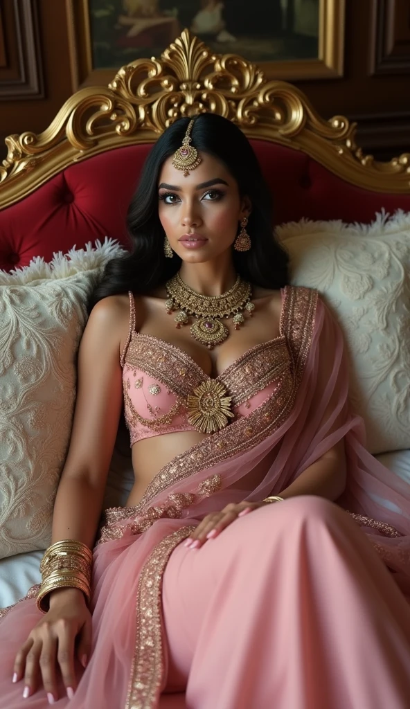 A beautiful indian women with big boobs her skin is white wearing a pink colpur saree sitting in a chair show off her big butt from behind