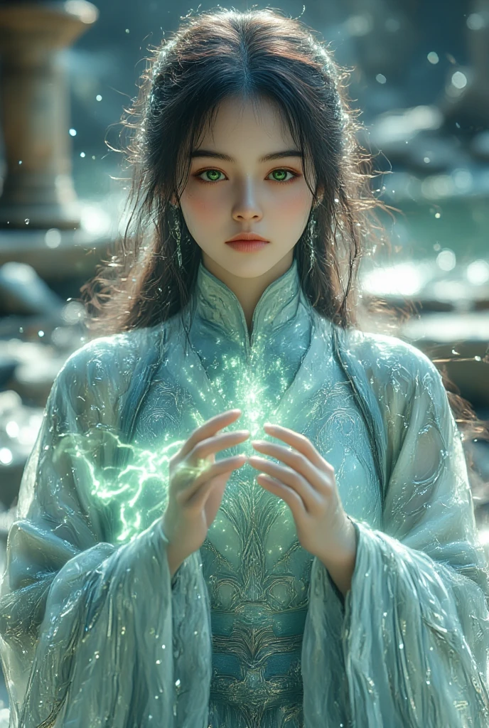 1 girl (extremely beautiful face), hanfu,realistic,
(Masterpiece, high quality, best, official art, beautiful and beautiful, long-term contact:1.2),smooth movement,charming patterns,
1 girl,jade eyes,long black hair,
Portrait,alone,upper body,watching audience,detailed background,detailed facial information,(crystalline aluminum, crystal theme:1.1),elemental water wizard,swirling water,controlling the water,fantasy sexy transparent wizard clothing,dynamic posture,floating particles,ethereal dynamics,water,steam,background for the ocean,blue tones,coast,sacred atmosphere,