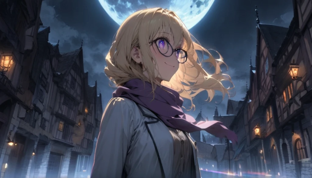 Anime aesthetic, 1girl, anime character, schoolgirl walking through night, dark night, european medieval town, huge blue moon, blue light, marin kitogava, potrait,  my dressup darling,long straight  blonde hair, glasses, light school suit, scarf, smile, deep purple beautiful eyes, wide shot, anatomically correct, masterpiece, 2k, extremely detailed