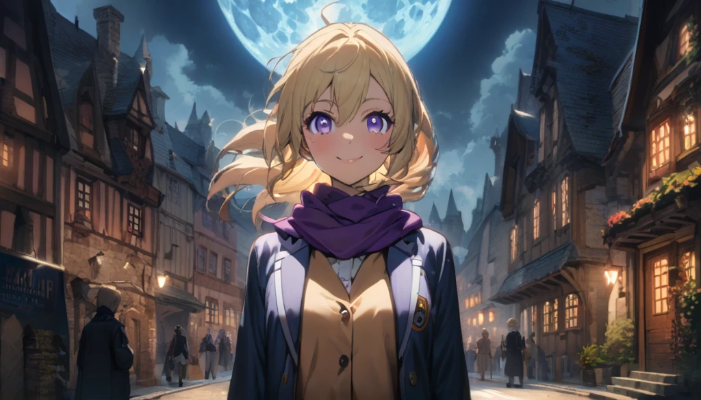 Anime aesthetic, 1girl, anime character, schoolgirl walking through the empty streets, dark night, european medieval town, huge blue moon, blue light, marin kitogava, potrait,  my dressup darling,long straight  blonde hair, glasses, light school suit, scarf, smile, deep purple beautiful eyes, wide shot, anatomically correct, masterpiece, 2k, extremely detailed