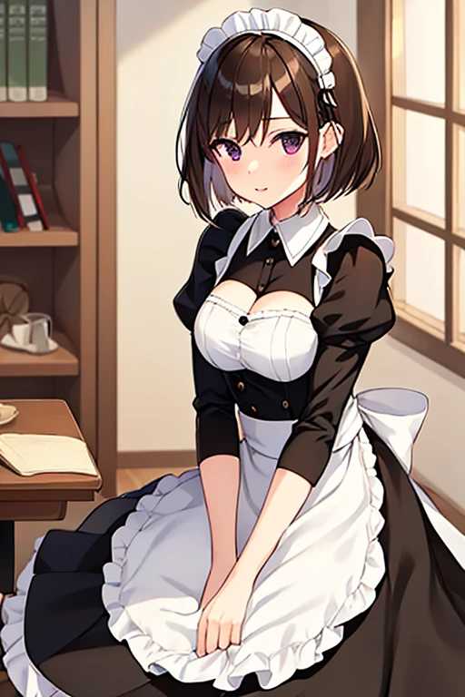 woman, dress, bobcut, anigma, maid uniform, indoors