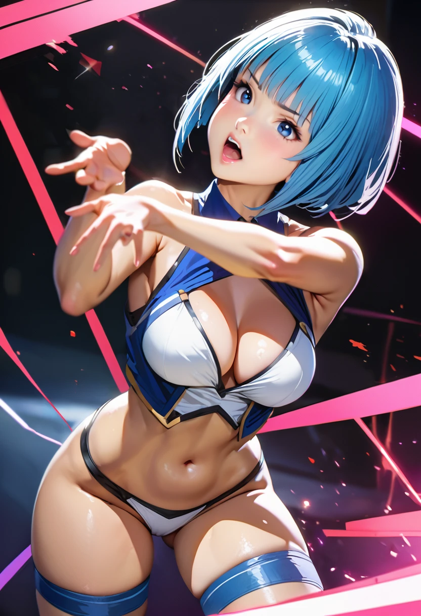 (((Blue short bob haired))),(((The front hair is trimmed)))、1 woman ,((( white bikini dress　heroine costume)))) posing with hands up,  artgerm ; 3d unreal engine, photorealistic  girl render, hyper realistic anime, beautiful alluring anime woman,((((Katsura Masakazu style)))),(((( anime Wingman heroine AOI))),dynamic pose, ((((sexy pose )))),(((highresolution))), (((highquality))), NSFW 