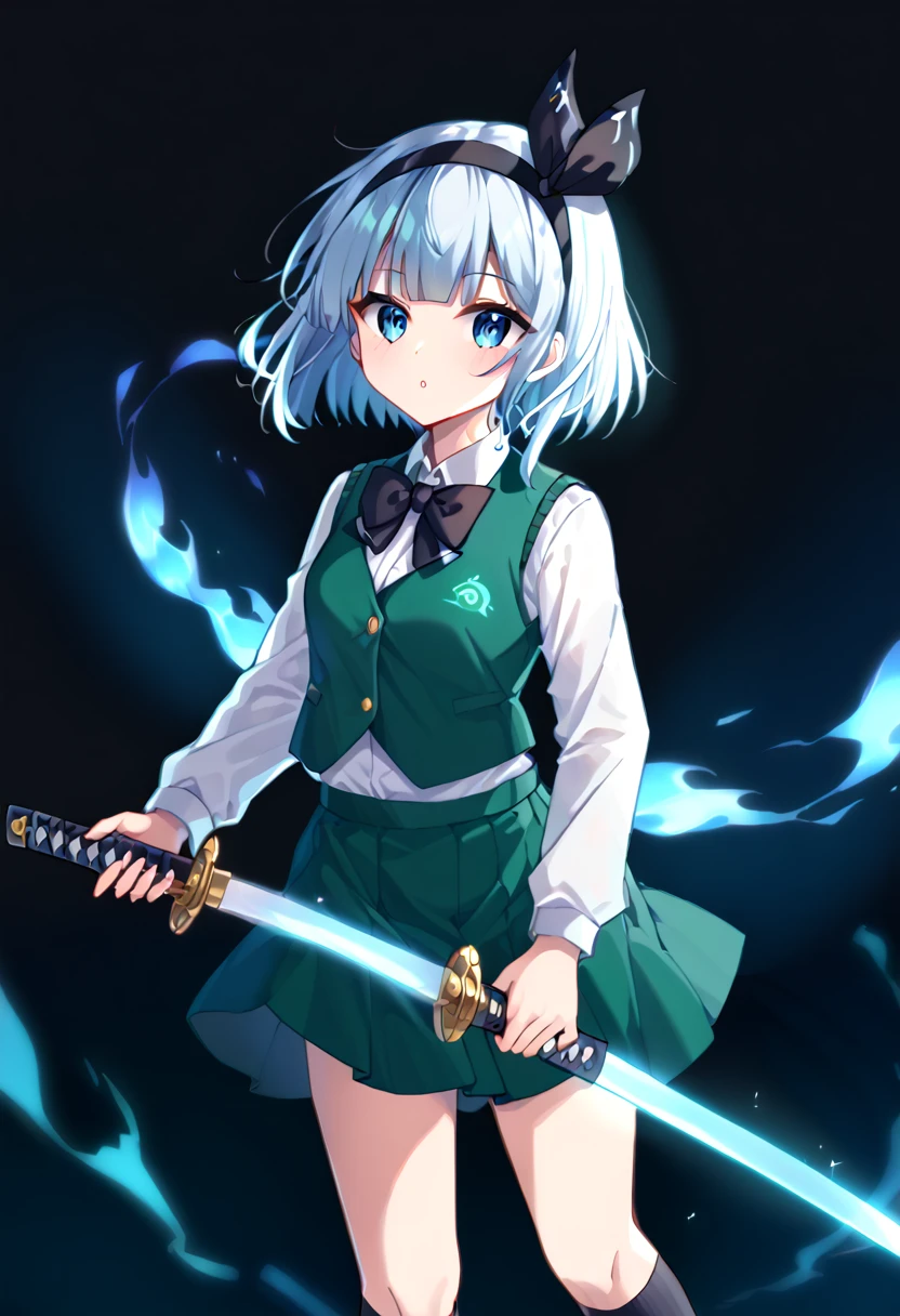 konpaku youmu, 1girl, white hair, short hair, blunt bangs, blue eyes, glowing eyes, hairband, hair ribbon, black ribbon, black bowtie, white shirt, collared shirt, green vest, green skirt, socks, holding katana, seriously, back light, darkness, black background, 1soul, light blue soul, glowing soul, glow neon, glowing, sparkle, star \(symbol\), 