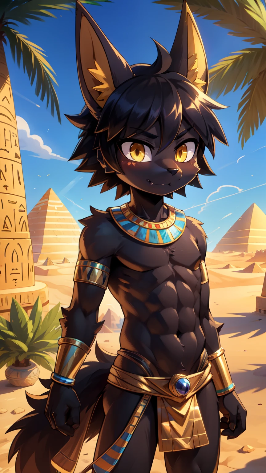 score_9,score_8_up,score_7_up, source_cartoon, source_furry, Anubis, Furry shota, jackal, black hair, short spiky hair, yellow eyes, detailed body fur, ((minuscule Egyptian antique clothes, cute sexy and almost naked)), masterpiece, looking at you, fangs, black body fur, detailed face, big eyebrows, detailed eyes, detailed body, detailed body fur, detailed hands, flat body, glistering body, shiny body, skinny, perfect lighting, perfect shadows, perfect eyes, perfect hair, perfect face, gorgeous body, solo, :3, desert, oasis, palm tree, clear sky, motion blur,