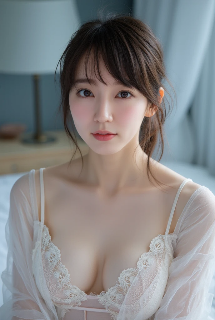    highly detailed depiction of a young Asian woman   ,  pale  ,   Graceful personality   ,   gives an angelic look  .   Expressive eyes 、  It's full of innocence and wonder that emphasizes softness ,    Her hair and skin tone   .   She wears lace underwear,    Her aesthetics   、  emphasizes light  .   created by Sasan    , Quiet, Introspective mood,  bedroom.    The background softly surrounds her delicate face   , 。 Cool colors 、穏やかでQuiet雰囲気を醸し出しています ,  Her Smile 、  creates a calm and serene atmosphere   . whole body、(  超Big Breasts  、 Busty、全naked、naked、Big Breasts、big breasts sticking out of clothes 、 erect nipples under clothes 、 saggy breasts during pregnancy、 Big Natural Breasts 、 LACE UNDERWEAR ONLY  :3)、