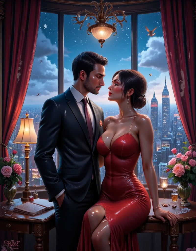 PERFECT VIBRANT COMPLEMENTARY COLORS FOR PASSIONATE EMOTIONAL EXPRESSION BOOKCOVER, magic  world, book cover PHOTOREALISTIC ART, a very handsome businessman STAND and his beautiful wife sit ON TABLE, dynamic scene,in OFFICE dress,in the background PANORAMIC WINDOWS WITH NIGHT CITY, love, tenderness, care, bright colors, waist high, maximum texture, super high detail, perfect natural proportions, contrasting bright colors, dynamic pose, high quality, sharp focus, highly detailed facial features, uplight, focus eyes, clean eyes with detail, volumetric lighting, hyperreal photograph, high contrast, depth of field, unreal--niji 5 VIBRANT VIVID, PERFECT ANATOMY PROPORTIONS, PERFECT ANATOMY, PERFECT HANS, PERFECT FINGERS. DYNAMIC PASSIONATE POSE