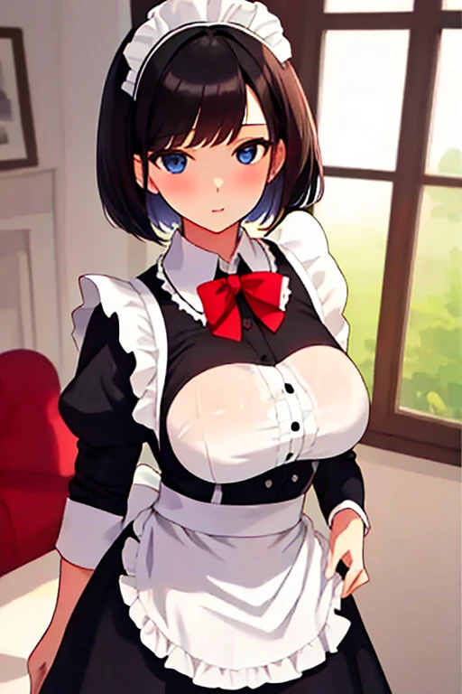 woman, dress, bobcut, anigma, maid uniform, indoors