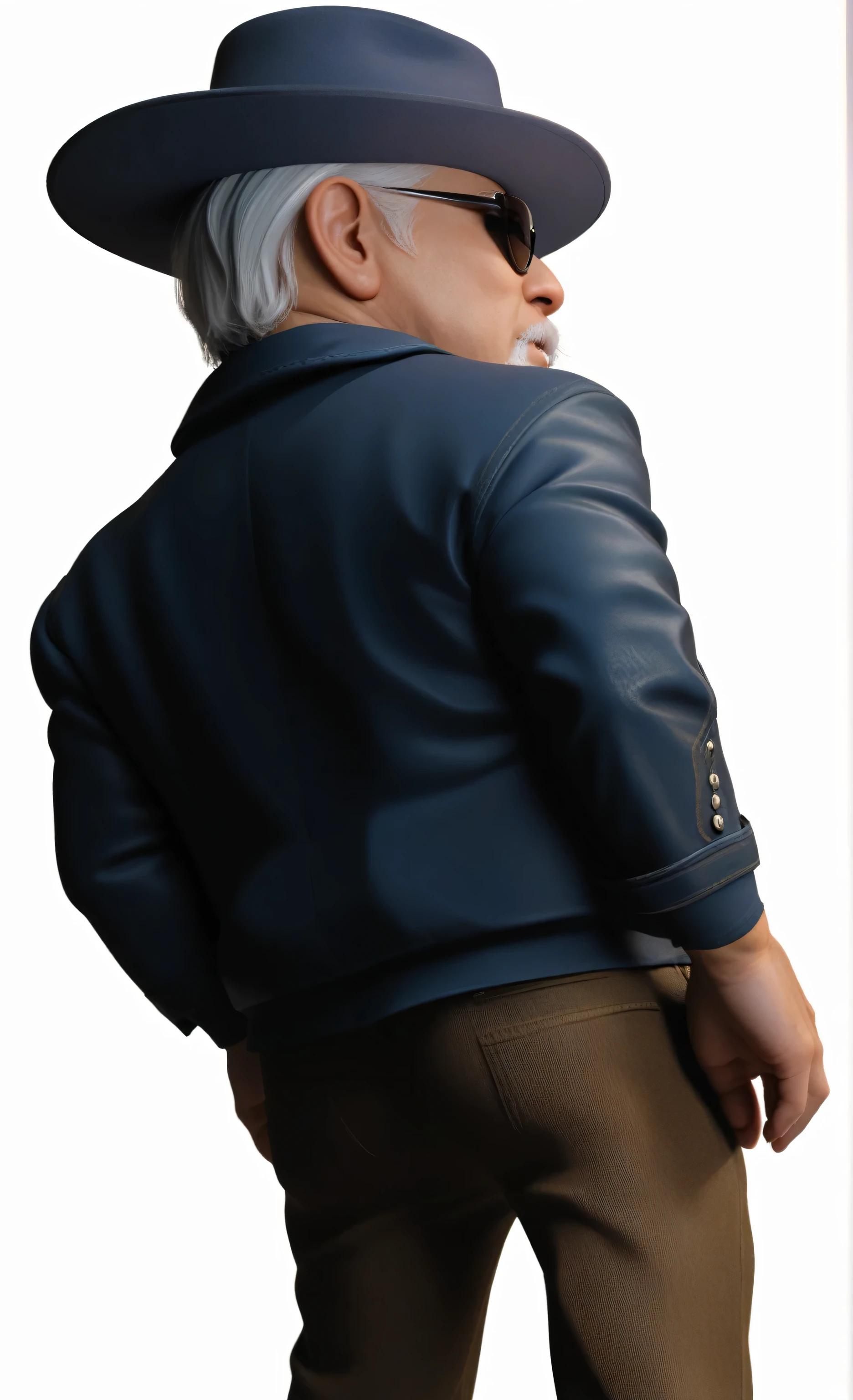 wearing a wide-brimmed hat facing the camera, standing sideways with his back to the camera , man is an old man , white hair leaking out from under the hat on the back of his head ,Leakage of the side face,A man with a white beard around his mouth , in the picture is wearing black sunglasses ,Eyes looking forward,Place your hands naturally sagging on both sides of your thighs, naturally relaxed fingers,Fingers sagging naturally ,Wearing a black leather jacket,Brown slacks ,UE5 Rendering,Cartoon Characters,3D Model,More character details, realistic details