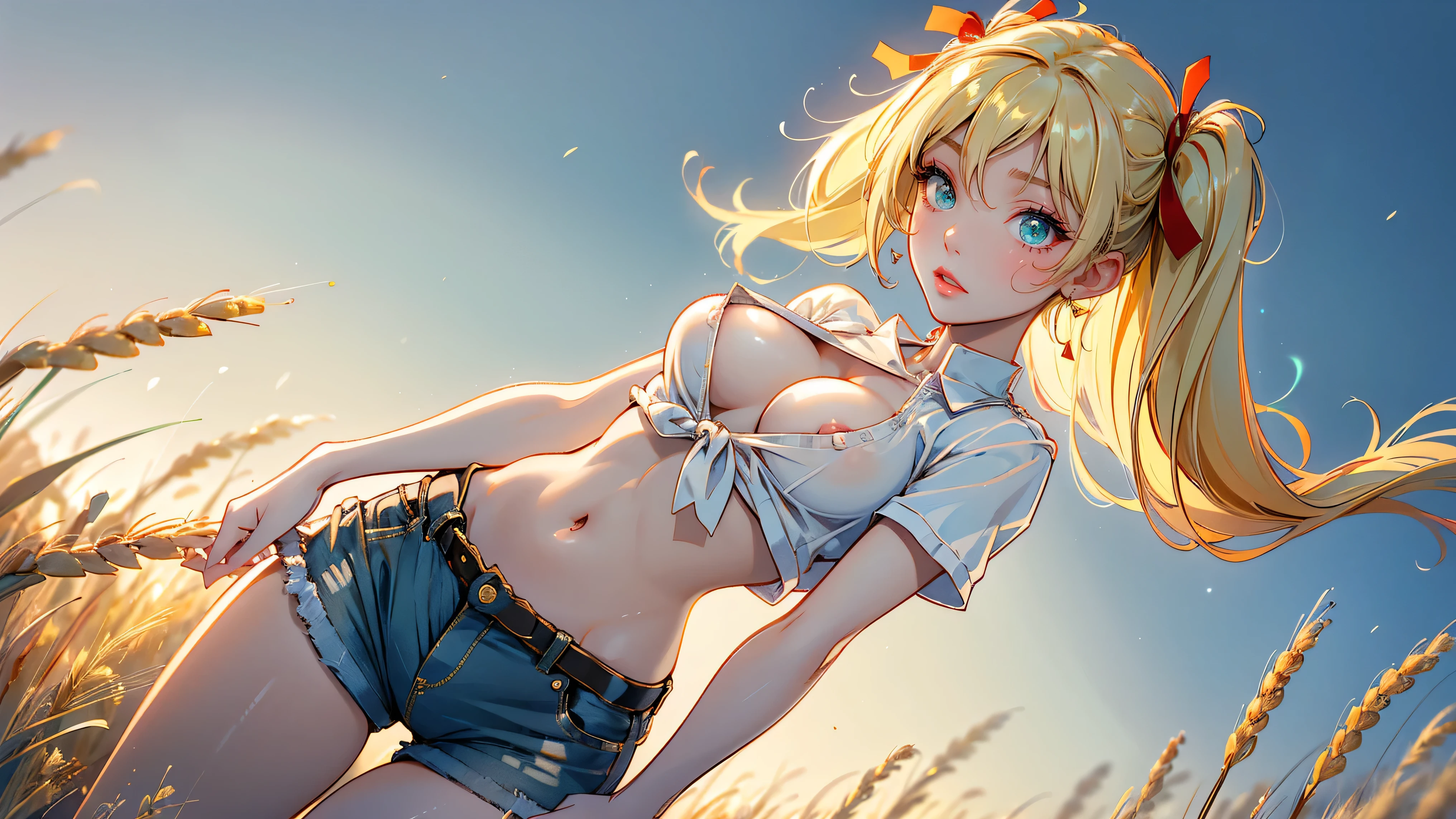 1girl, solo, girl pulling up her pants, cutoff short-shorts that are very tight, (masterpiece, best quality, High Detail, 8K), blonde, long wavy hair, twintails with red ribbons in hair, dark tanned skin, extremely sexy, ((large breasts, busty)), ((hard nipples)), cleavage, skinny, large green eyes, Head to hips shot, Full body shot, cowboy shot, ((thin waist, small hips, long torso)), ((Dean Yeagle Style - Mandy)), tied off button shirt, ((bursting open bright yellow shirt)), (shirt tied just under breasts), country girl, ((standing in a wheat field)), farm background, wheat field,