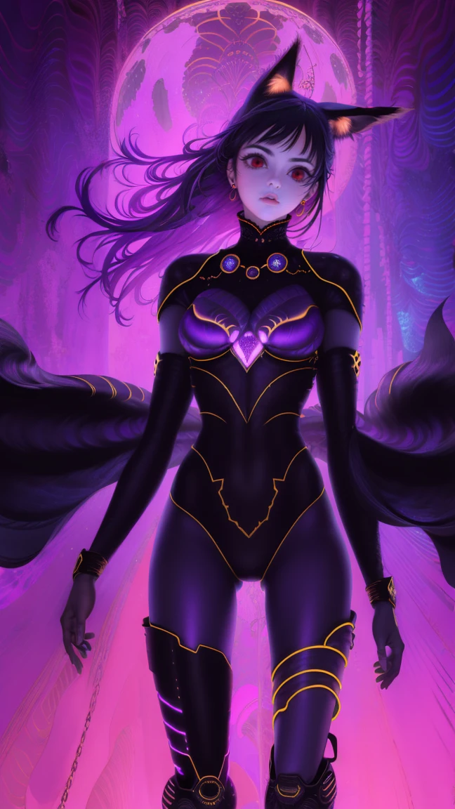 best aesthetic,1girl,solo,long hair,looking at viewer,smile,gloves,fox tail,fox ears,multiple tails,Glowing quantum energy orbs,form-fitting suit,digital patterns,ghostly effects,purple,blue,neon accents,quantum realm,floating energy particles,distorted space,，thigh gap,femdom