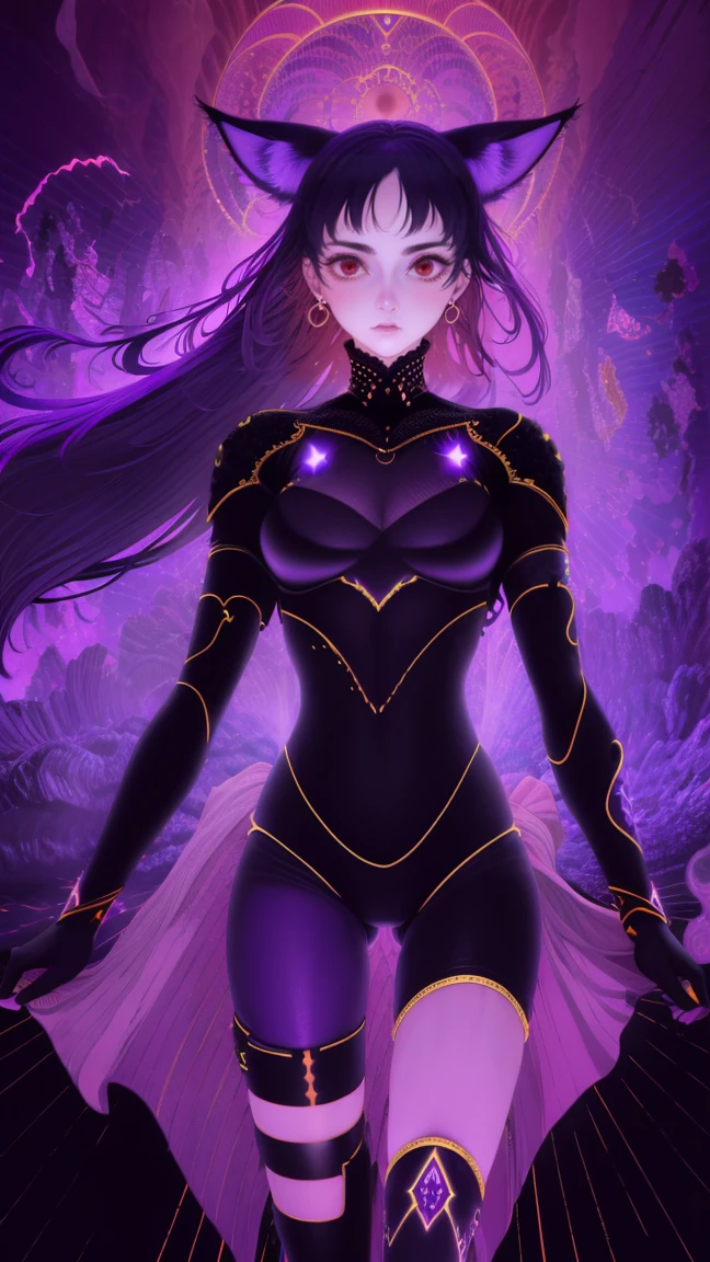 best aesthetic,1girl,solo,long hair,looking at viewer,smile,gloves,fox tail,fox ears,multiple tails,Glowing quantum energy orbs,form-fitting suit,digital patterns,ghostly effects,purple,blue,neon accents,quantum realm,floating energy particles,distorted space,，thigh gap,femdom