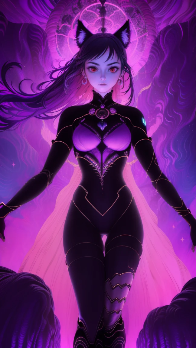 best aesthetic,1girl,solo,long hair,looking at viewer,smile,gloves,fox tail,fox ears,multiple tails,Glowing quantum energy orbs,form-fitting suit,digital patterns,ghostly effects,purple,blue,neon accents,quantum realm,floating energy particles,distorted space,，thigh gap,femdom