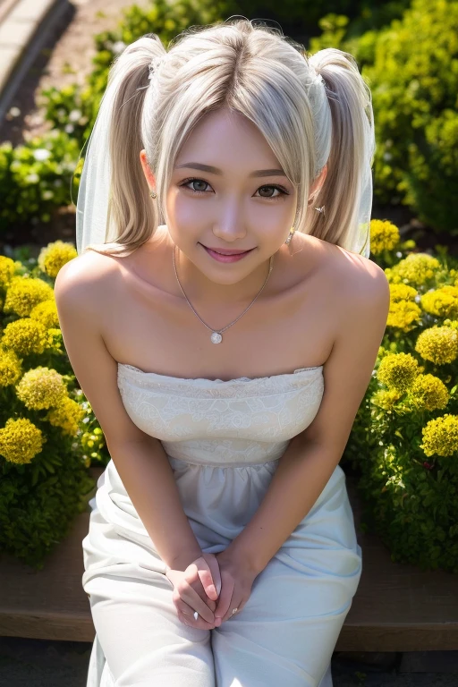 (8k, RAW photo, ultra high res, best quality, masterpiece:1.2), (realistic illustration), (extremely detailed CG unity 8k wallpaper), dynamic lighting, perfect lighting, (a Japanese cute girl:1.2), (18 yo:1.1), (beautiful round-face:1.2), symmetrical beautiful detailed eyes, small breasts, realistic proportion, (pure white hair, medium hair, upside twintail:1.2), ((white hair:1.3)), (smile, closed mouth:1.1), gleaming skin, beautiful skin without moles, (white wedding dress, crystal necklace:1.2), (view from above, sitting:1.2), (look at viewer:1.1), in flower garden, ((frieren:1.2))