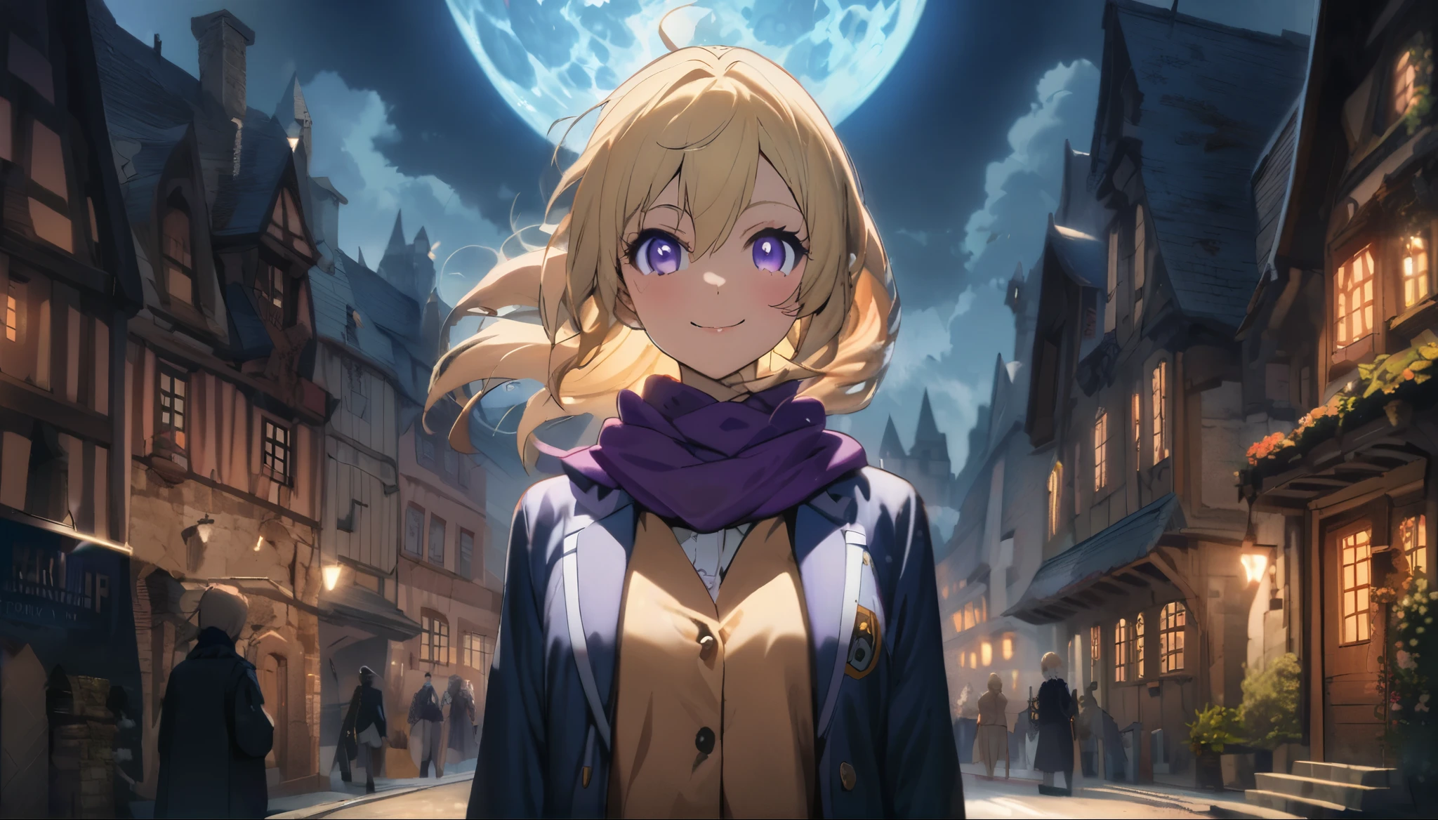 Anime aesthetic, 1girl, anime character, schoolgirl walking through the empty streets, dark night, european medieval town, huge blue moon, blue light, marin kitogava, potrait,  my dressup darling,long straight  blonde hair, glasses, light school suit, scarf, smile, deep purple beautiful eyes, wide shot, anatomically correct, masterpiece, 2k, extremely detailed