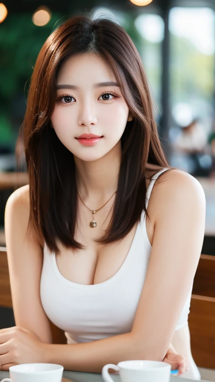 Eyelevel portrait of beautiful korean female, 34 inch breasts size, wearing tank top, necklace, in the cafe, bokeh background, UHD