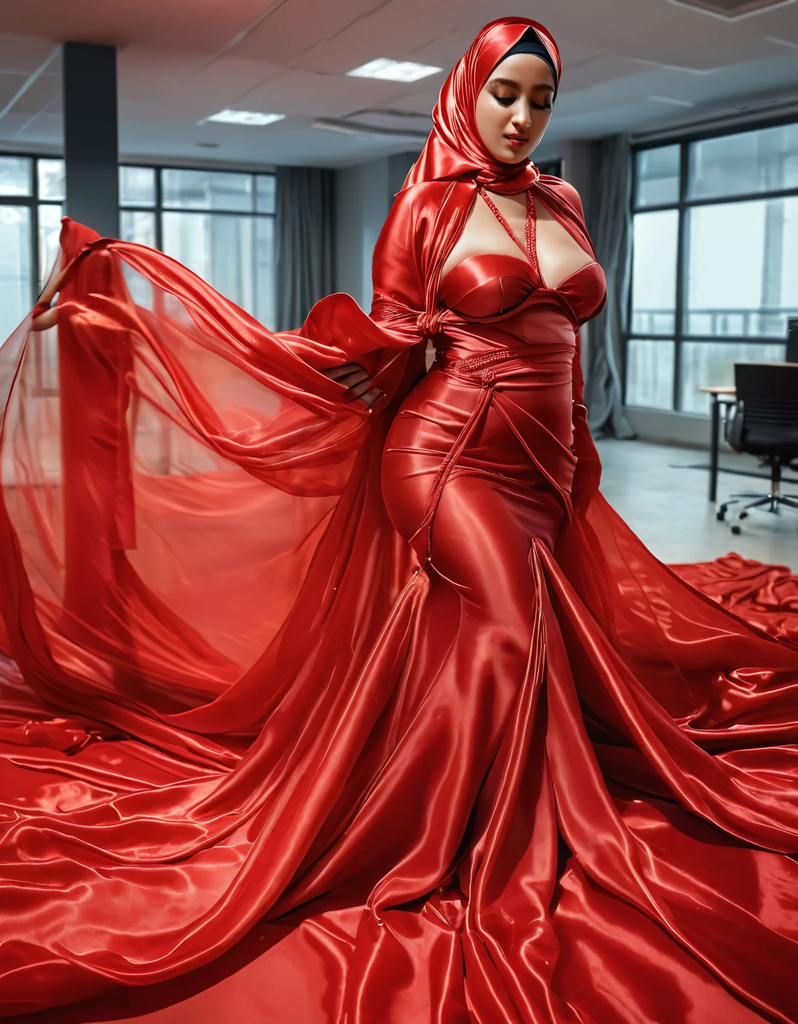 A woman shrouded in a 8-meter-long, plush red transparent satin cloth, slim body with big breast,tightly bound and grandly draping along the form of her body, flowing off into a pooled floor-length train, styled in a mermaid-inspired outfit, her head modestly veiled in a satin hijab, dancing in office, a full-body pose conveying a sense of elegance, captured in a 4k resolution, ultra-realistic