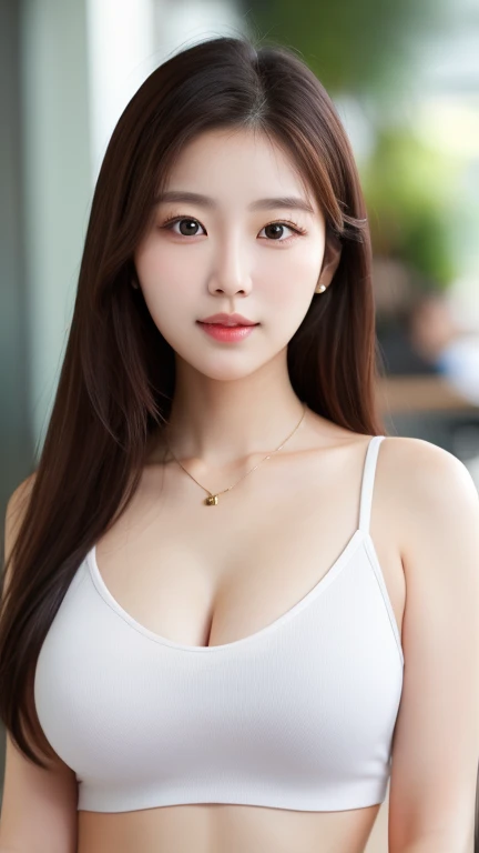 Eyelevel portrait of beautiful korean female, 34 inch breasts size, wearing tank top, necklace, in the cafe, bokeh background, UHD