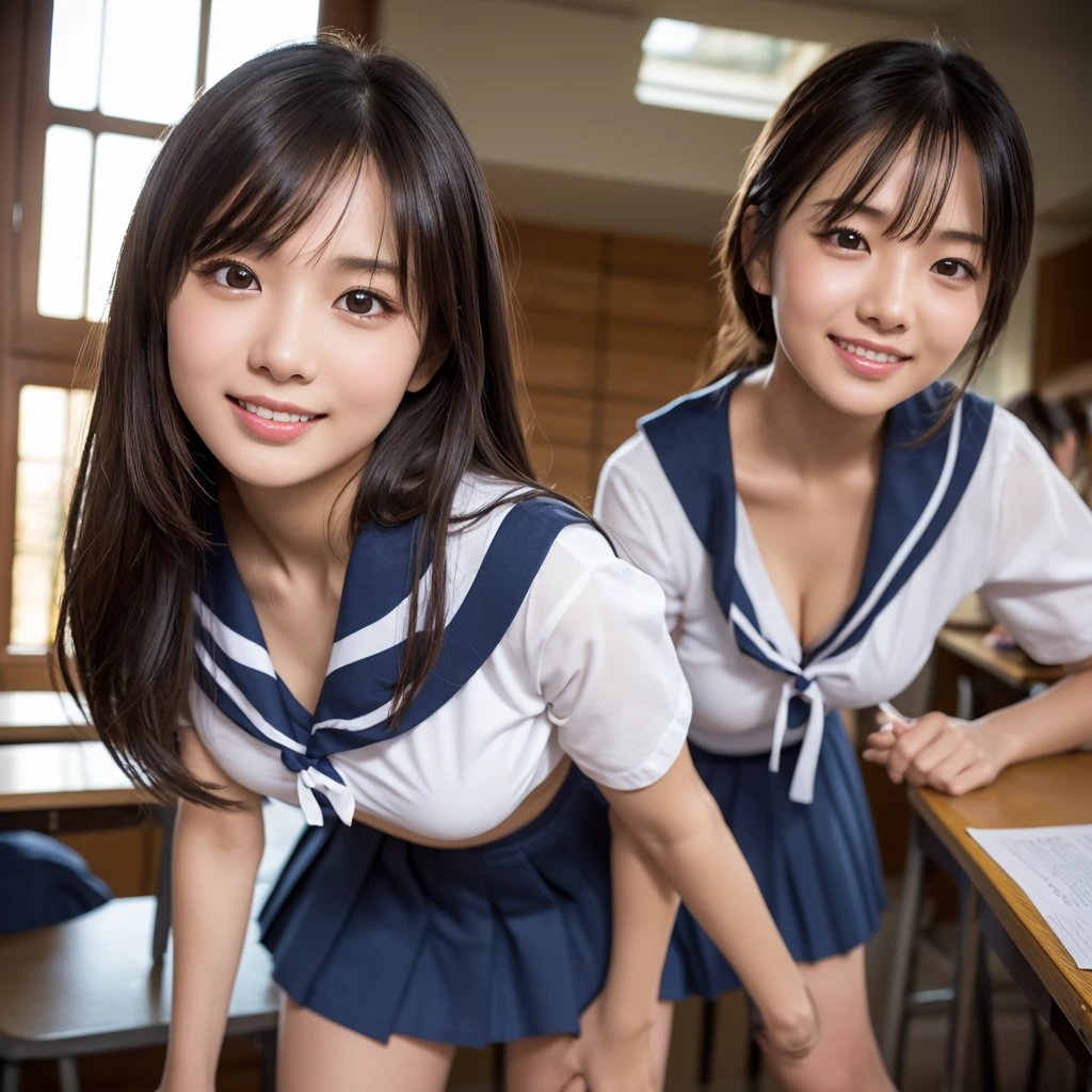 Two girls standing in a classroom at school,White sailor shirt and navy blue knit bikini bottom,18year old,Bangs,A little smile,thighs thighs thighs thighs,Crotch,Knees,short cut hair,poneyTail,From below