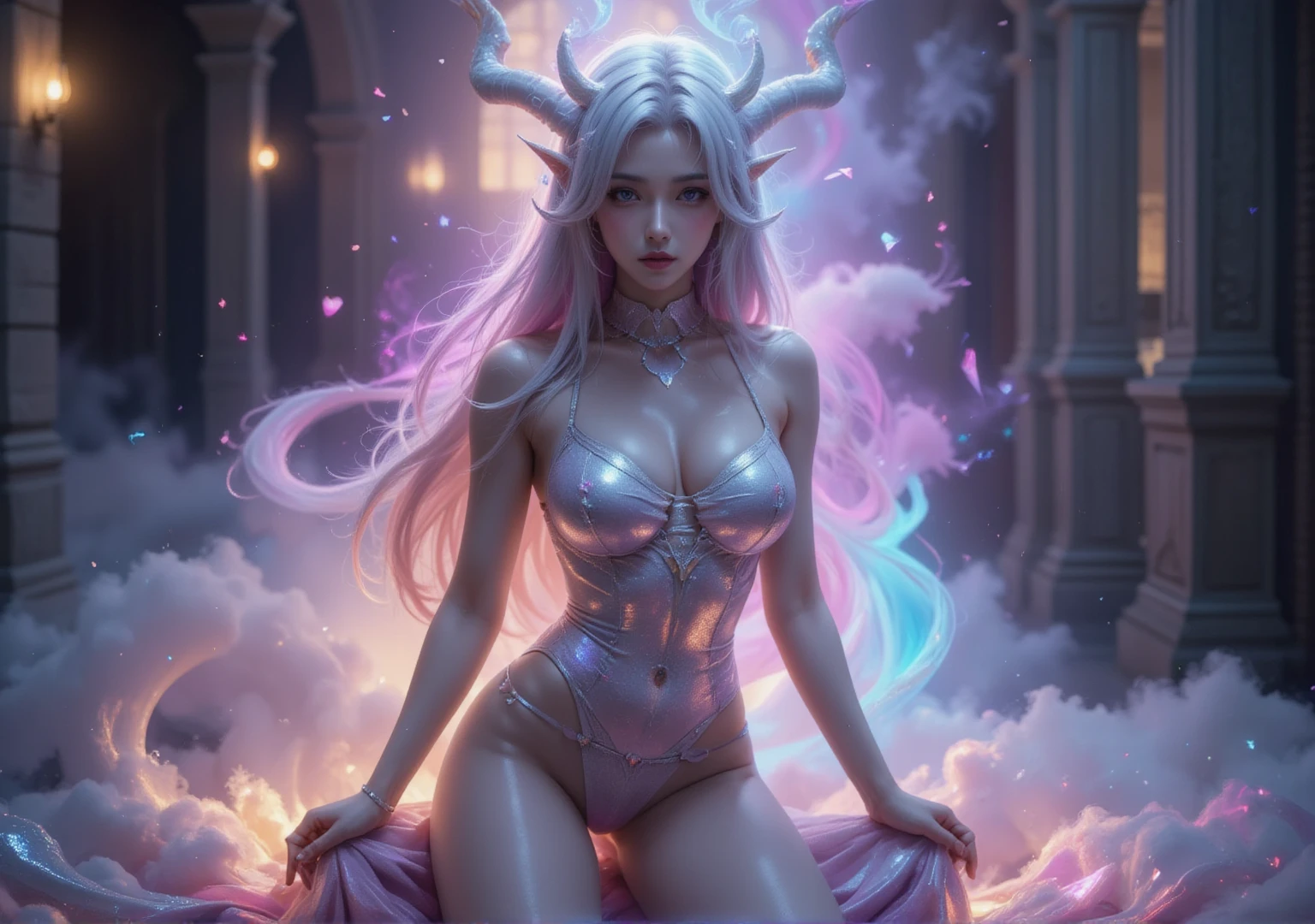 (tmasterpiece: 1.2), beste-Qualit, (illustartion: 1.2), (ultradetailed), eyes focus, (Masterfully crafted Glow, Pink glare lens), (Cinematic background), hyper-detailing, (delicate detailed), (intricate detials), In the air, Octane rendering, HDR, (hyper-detalied: 1.15), (soft light: 1.2), a 1girl, handsome girl, ultra detail eyes, Mature, fat, fat, Rainbow drops for drawing, Teardrop paint, The woman, Made of paint, entirely paint, Jumps, splatter, En plein air, (bioluminescent hair: 1.1), (gloweyes), ((makeup)),(Cinematic masterpiece), furious, powerfull, splashes of colour, absolutely eye-catching, (Cinematic headlight), Light, coming from above, Growing shadows, ((Caustic)), dinamic angle, beautifully detailed glow, Ambient shading, Ambient light, ray-traced reflections, (better lighting, extremely delicate and beautiful), ((cinematiclight)), (soft: 2), (Nephilim: 1.2), (Halo), horns demon, (1 angel wing), 1 Demon Wing, wings on the back, Half-demon, Demon ears, black wings, Raven Wings, (Falling crow feathers), Like pink, Purple, azure hair, gray eyes, (red glowing hair), (Radiant aura), The Magic Sorceress (oracle) 100mm wide-angle lens, Love in love, 🧘🏻♀️👁️⛩️soror 🌬️mystica 🩸✨occult dmt🪬dream 👁️goddess🥀🔑🚪 в перчатках