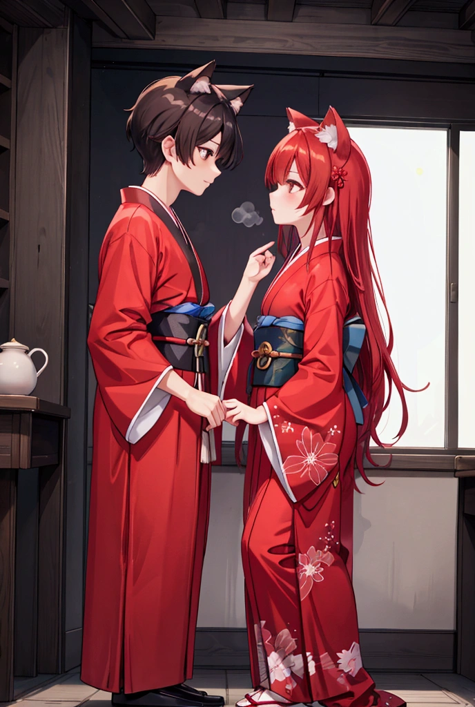 Man and Woman

man (Standing on the left)(Long black hair, brown eyes)(20 years old)(Light blue Hanfu)

girl (Standing on the right)(Cat ears, red hair)(Aoi Hitomi)(Red kimono,)

Gazing at each other, close contact