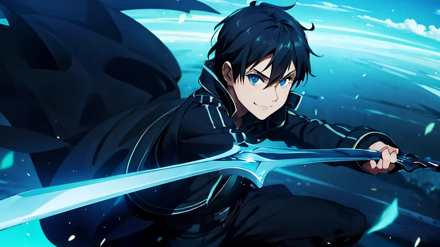 a man, black hair, blue eyes, smiling expression, wearing black clothes with blue flames on them, open blue jacket, black trousers, holding a diamond sword, at the top of a mountain, blue sky, clouds, sun.