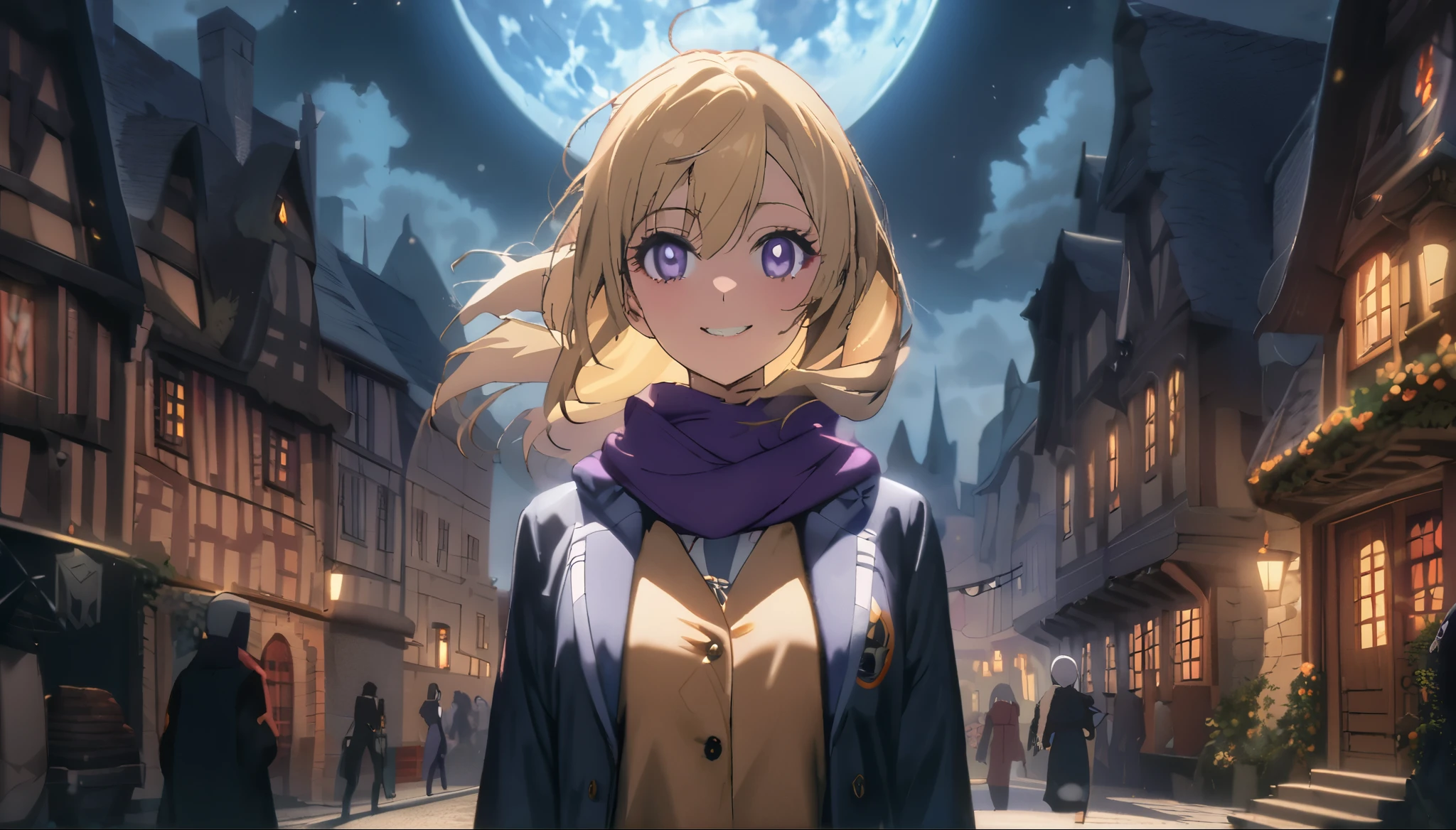 Anime aesthetic, 1girl, anime character, schoolgirl walking through the empty streets, dark night, european medieval town, huge blue moon, blue light, marin kitogava, potrait,  my dressup darling,long straight  blonde hair, glasses, light school suit, scarf, smile, deep purple beautiful eyes, wide shot, anatomically correct, masterpiece, 2k, extremely detailed