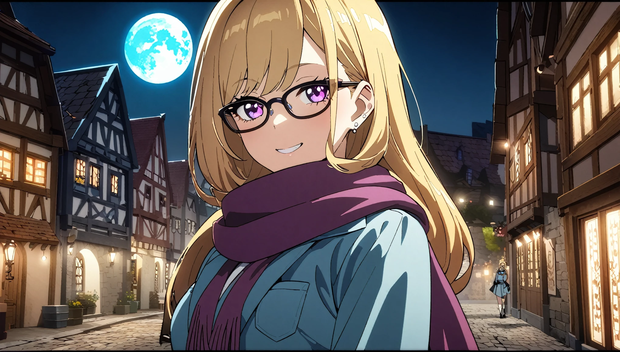 Anime aesthetic, 1girl, anime character, schoolgirl walking through the empty streets, dark night, european medieval town, huge blue moon, blue light, marin kitogava, potrait,  my dressup darling,long straight  blonde hair, glasses, light school suit, scarf, smile, deep purple beautiful eyes, wide shot, anatomically correct, masterpiece, 2k, extremely detailed