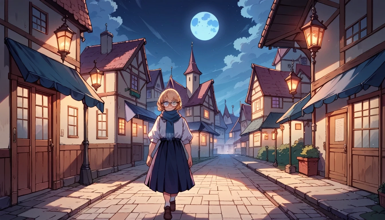 Anime aesthetic, 1girl, anime character, schoolgirl walking through the empty streets, dark night, european medieval town, huge blue moon, blue light, marin kitogava, potrait,  my dressup darling,long straight  blonde hair, glasses, light school suit, scarf, smile, deep purple beautiful eyes, wide shot, anatomically correct, masterpiece, 2k, extremely detailed