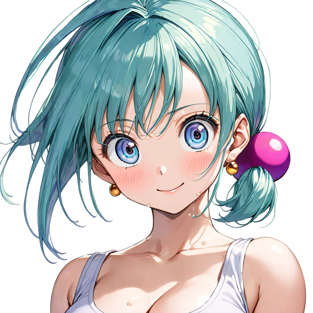 masterpiece, Best Quality, High resolution,16k,super detailed skin, (Bulma),dragonball,1990s \(style\),adult lady,25 years-old,F cup beautiful breasts、height: 160cm,Sweating all over the body,athlete,sexy,1 girl,solo,Anime-style painting style,aqua hair, one side up, blue eyes, medium breasts, hair bobbles, pink tank top, short shorts,Big eyes,smile,Cool look,Pointed Eyes,tunktop,Composition focusing on the upper body,blush,Showing cleavage,Anime-style painting style,Captivating look,Seductively Posing,(white simple background:1.5)
