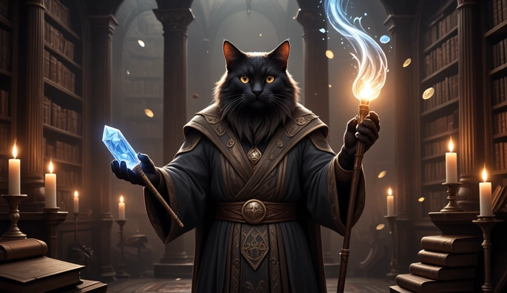 A wise cat mage stands in a grand, arcane library filled with towering shelves of ancient, glowing books. The cat, with midnight black fur, golden eyes, and a long, fluffy beard made of fur, wears a regal robe embroidered with arcane symbols. It holds a staff crafted from an enchanted crystal that radiates a soft, ethereal glow. The cat is performing a spell, and beams of bright light spiral from the staff, illuminating the dusty, mystical tomes around it. Floating candles cast flickering shadows on the walls, while magical symbols hover in the air, creating an atmosphere of deep mystery and power.