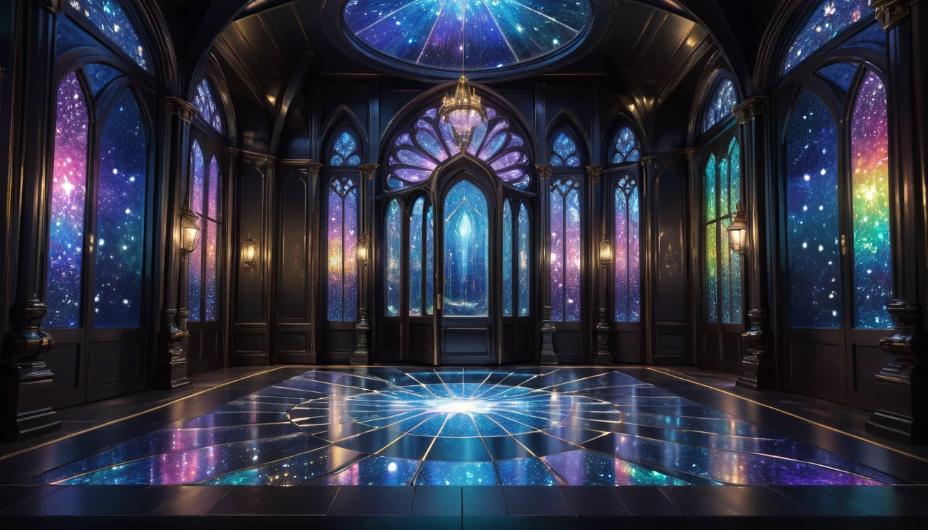 『 Magical Mirror Room 』  - Main Entrance 
【 in the space 】
 In the soft light that stretches high 、 5 mysterious doors emerge 。
Stars on the floor 々Studded with、 Small ripples of light spread when walking on it 。
 There is a large crystal-like display stand in the center 、 A welcome message floats there ...、 A breathtaking stained glass window made of black opal Godley, Realistic, . Awards, professional,  very detailed on playground equipment